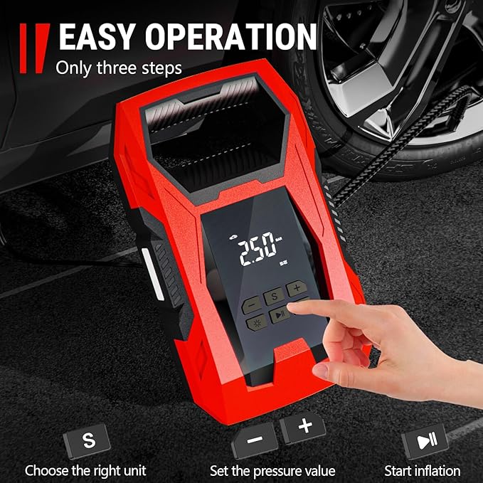 CARSUN AC/DC Tire Inflator Portable Air Compressor, Dual Power for Home 110V AC and Car 12V DC Air Pump with Pressure Gauge, Auto Shutoff, Tire Pump for Car Motorcycle Bike and Other Inflatables, Red