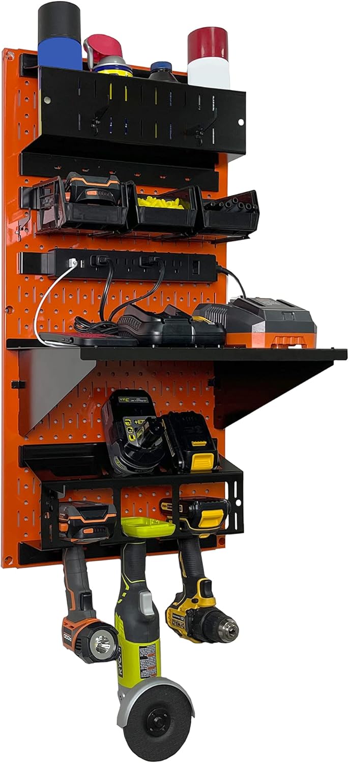Wall Control Power Tool Storage Organizer Kit Cordless Drill Holder Charging Station Rack 16” x 32” Metal Pegboard Organization System (Orange Pegboard)