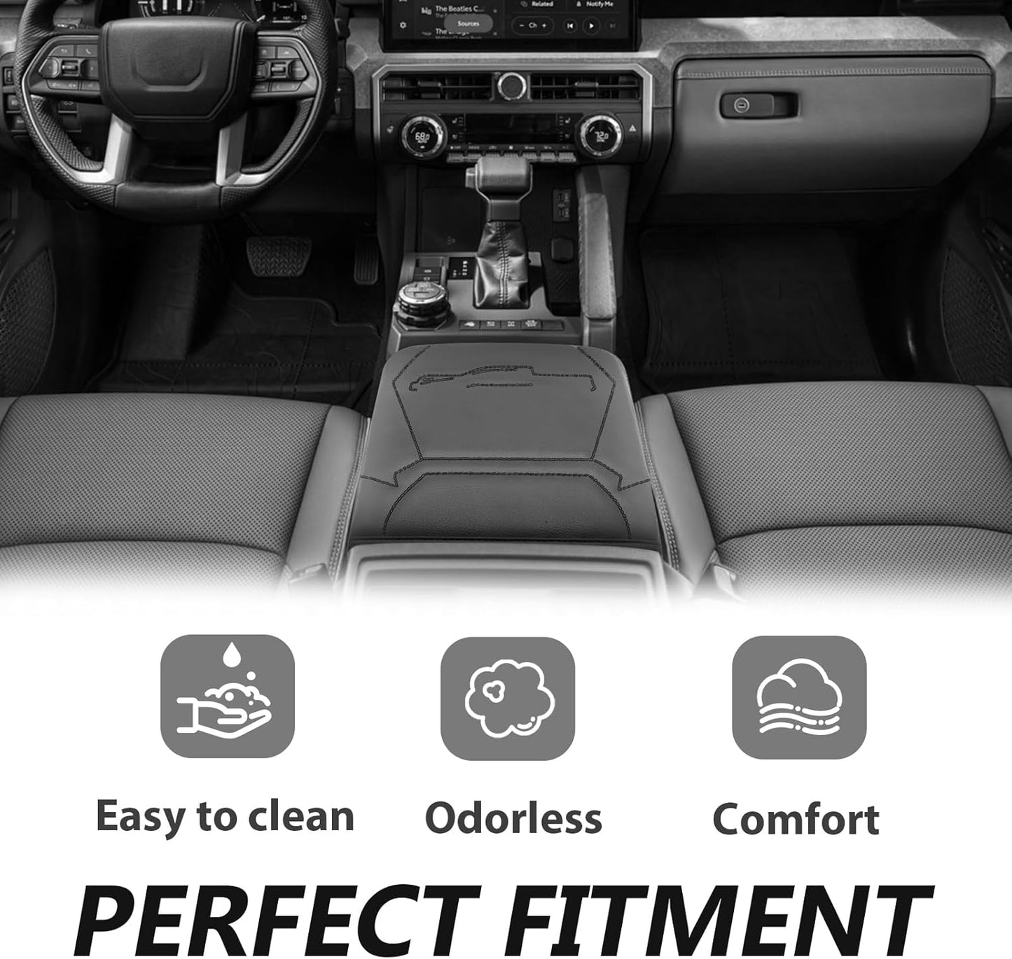 Muslogy Center Console Armrest Cover Compatible with 2024 Toyota Tacoma 2025+ 4Runner Accessories Armrest Lid Protector Vegan Leather Cushion Regular Thick(Black/Black Stitching)