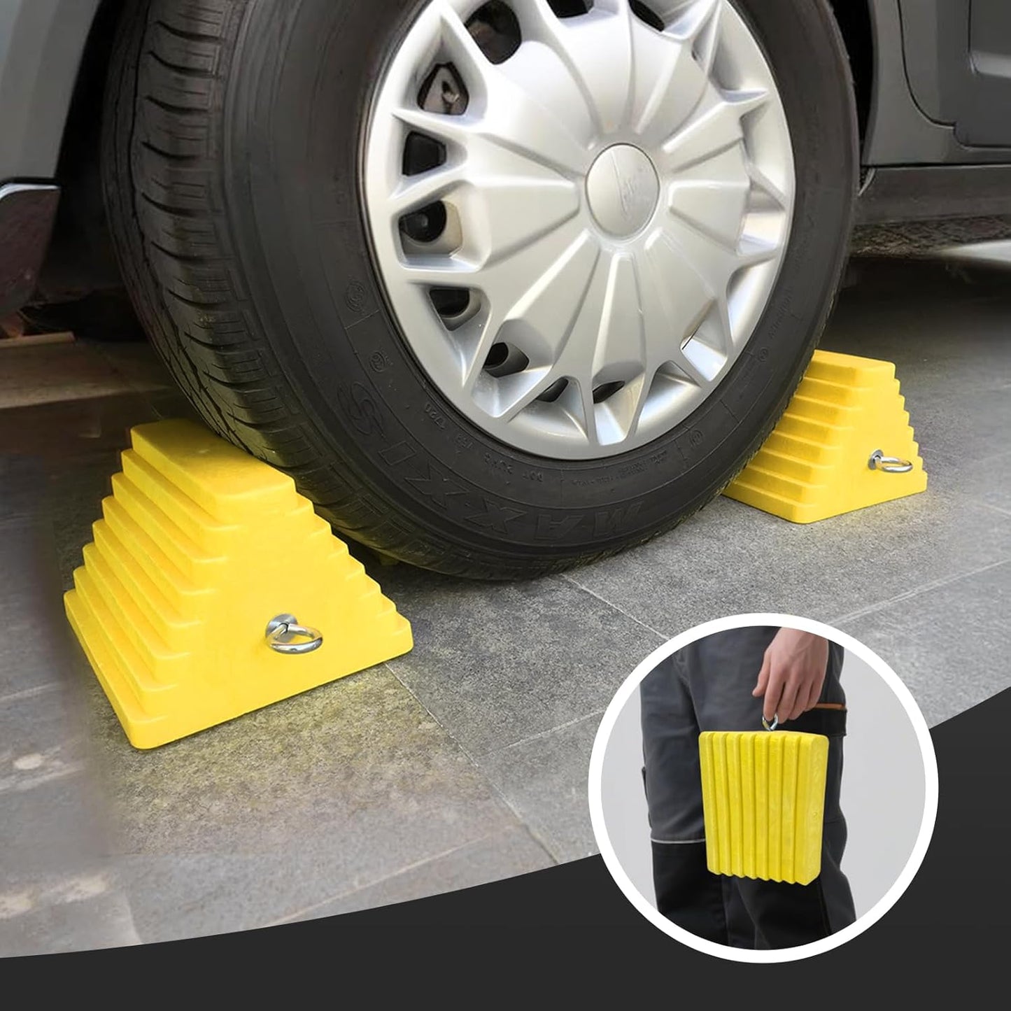 Premium 4 pcs Heavy Duty Wheel Tire Chocks, Vehicle Chocks with Eyebolt for Travel Trailers, Camper, Truck, Car and ATV 4 Pack, Yellow