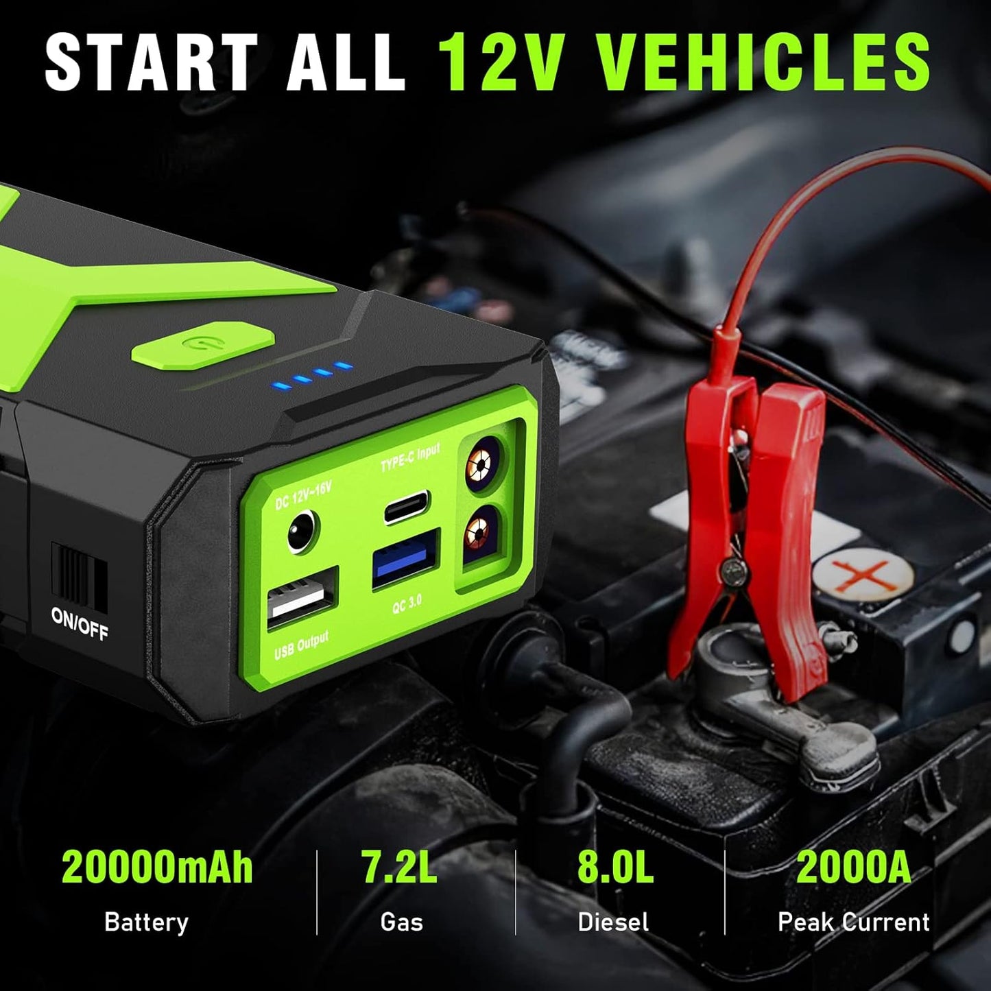 BOOKOO Jump Starter 2000A for Car/Boat/Lawnmower(8.0L Gas/6.5L Diesel Engine) Portable 12V Car Battery Jump Starter with Cables,Wall Charger,USB 3.0 Fast Charging,16V DC Output,3 LED Modes