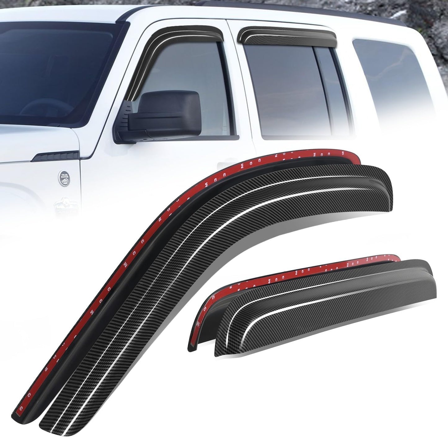 Auto Dynasty 4Pcs Carbon Fiber Pattern Window Visors Compatible with 2008-2013 Jeep Liberty, Tape-On Front & Rear Window Deflectors, Glossy Dark Smoke
