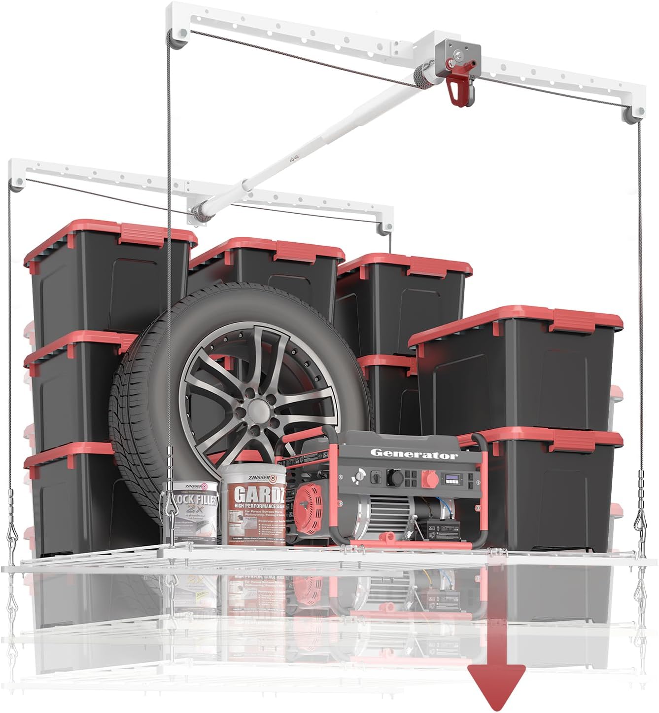 Overhead Garage Storage Rack, Adjustable Heavy-duty 4x4 Ft Ceiling Storage Racks with Safety Lock, Ideal for Garage Storage Lifting Organization System, 250lbs Capacity, White