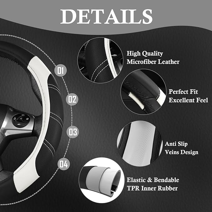 CAR PASS Leather Steering Wheel Cover and Waterproof Car Floor Mats, Microfiber Universal Car Combo Fit for 95% Sedan SUV Van,14.5-15 inch Sporty Anti-Slip Safety Comfortable Design, Black＆White