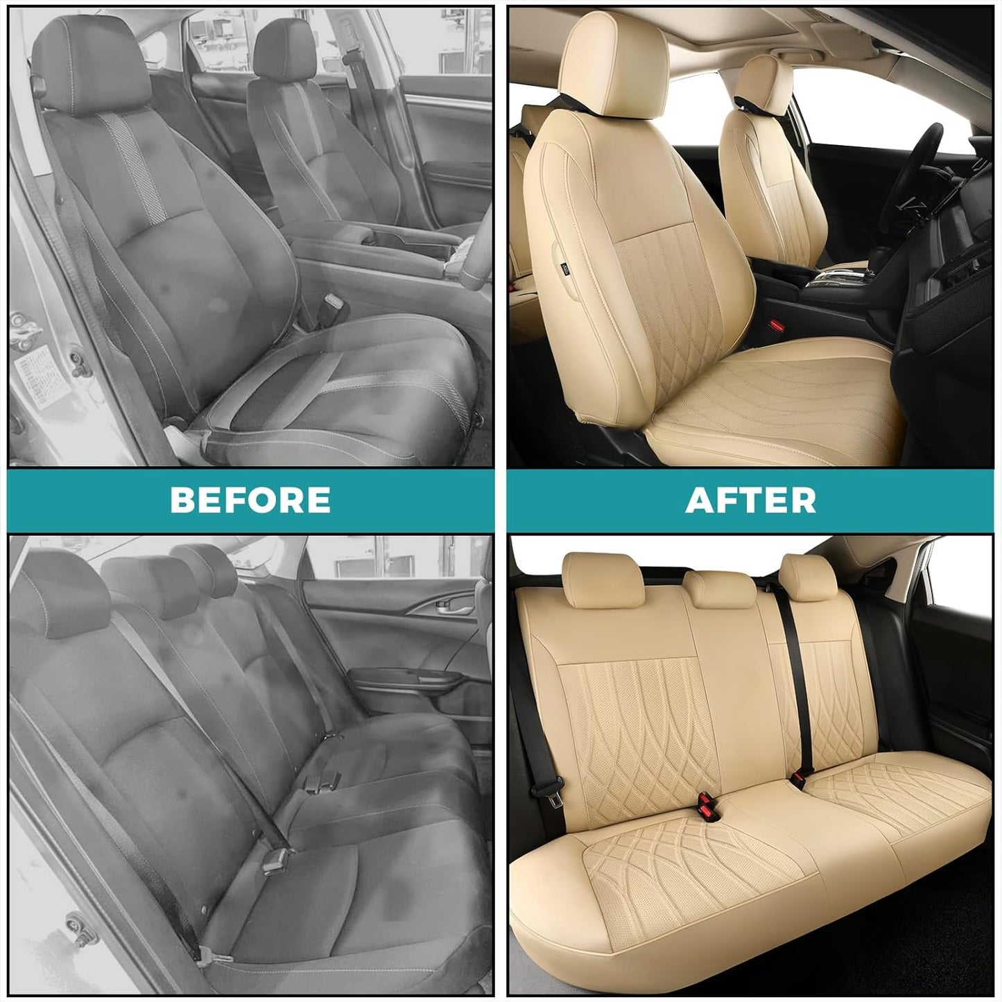 Seat Covers for Honda Civic Sedan LX 2016 2017 2018 2019 2020 2021, Faux Leather Car Seats Cover Full Set (Rear Row Solid & No Folding Backrest)-Beige