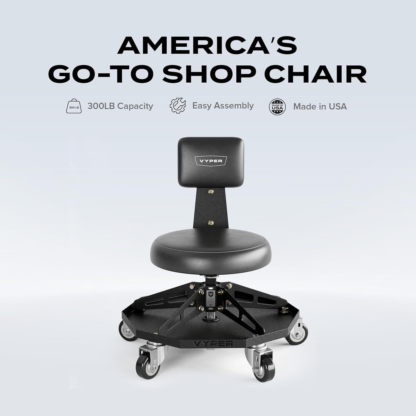 Vyper Robust Steel Sport Shop Chair for Mechanics, Automotive, DIY - 300 lb Capacity Garage Stool with Backrest & Large Wheels (Black Seat, Black Frame)