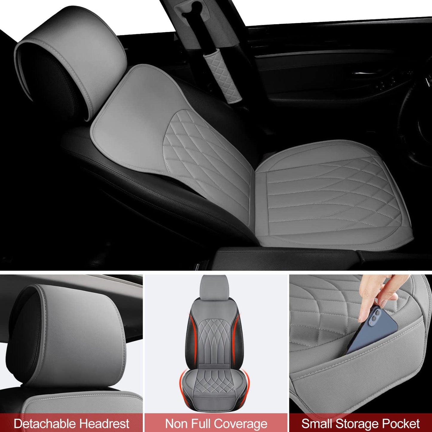 1 Pack Leather Front Car Seat Cover, Universal Sideless Car Seat Protector with Storage Pocket and Seat Belt Pad, Waterproof Automotive Seat Cover Cars Trucks SUV(Grey)