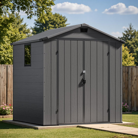 Patiowell 6 x 6 FT Plastic Outdoor Storage Shed with Floor, Resin Outside Tool Shed with Two Windows and Lockable Door for Garden, Backyard, Tool Storage Use, Easy to Install, Dark Grey