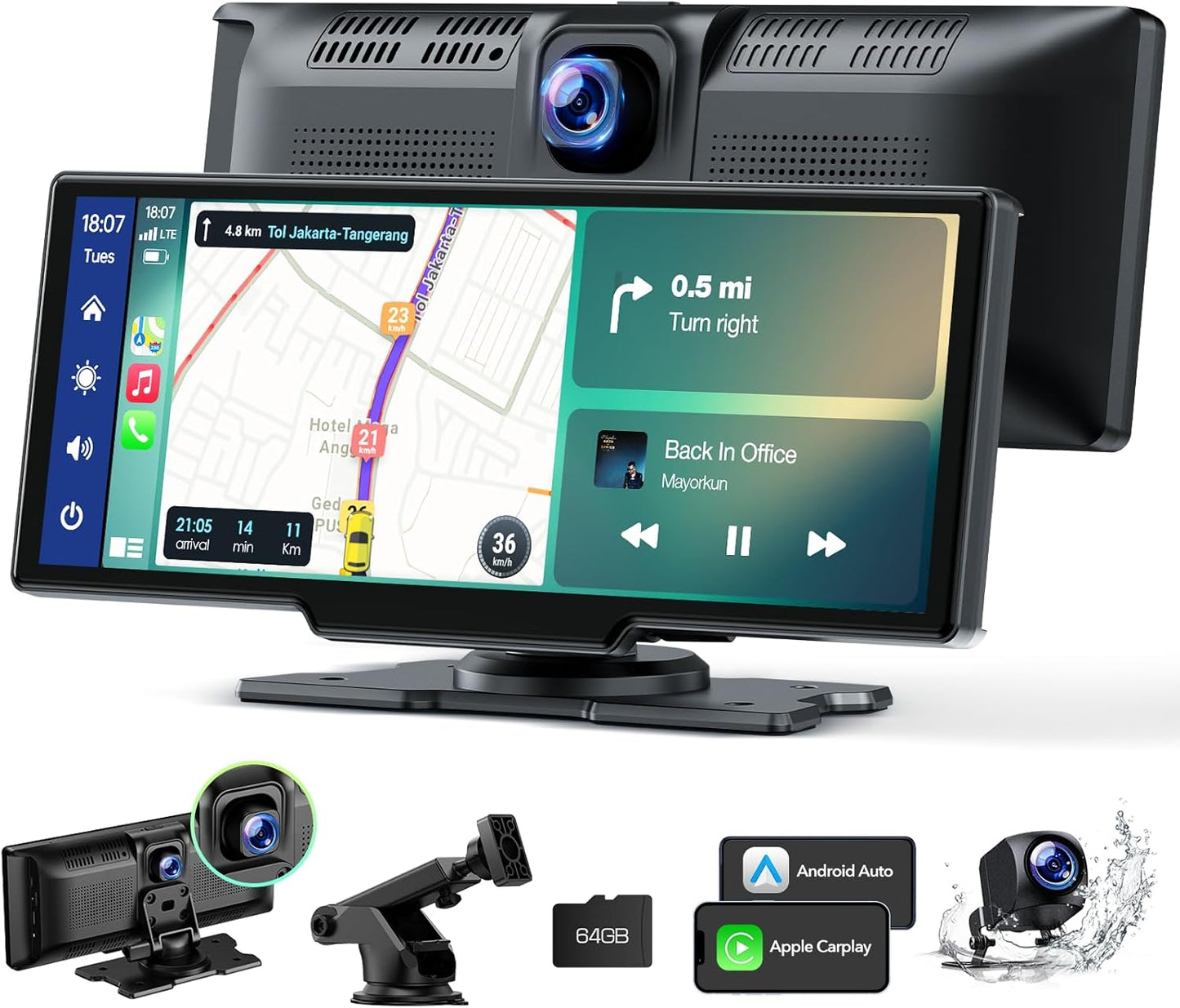 Volam Wireless Carplay Screen for Car with 2.5K Dash Cam, 1080p Backup Camera, 9.26" Portable Car Stereo with Apple Carplay Android Auto, Mirror Link, Loop Recording, GPS Navigation, AUX/FM
