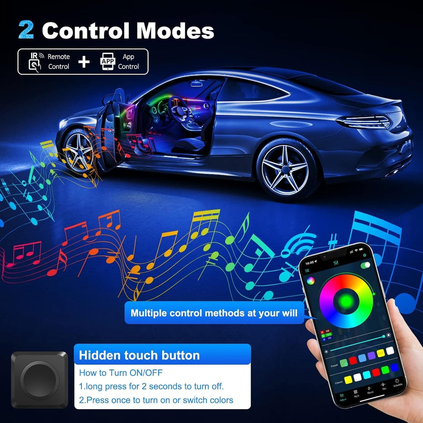 Acrylic Interior Car LED Strip Light with Wireless APP, RGB 14 in 1 with 175 inches 593 LEDs Fiber Optic Ambient Lighting Kits, 16 Million Colors Sound Active Function Car Neon Lights