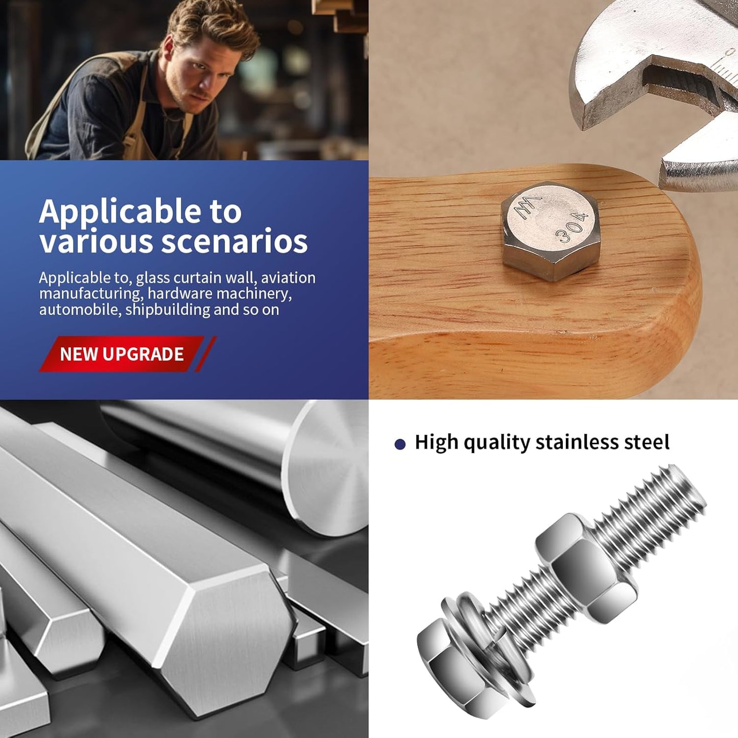 5/16-18 x 1" Hex Head Screw Bolt, Nuts, Flat & Lock Washers, 20Pcs 18-8 (304) Stainless Steel, Fully Threaded, by SG TZH