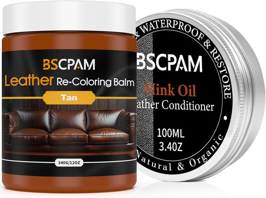 12oz Leather Recoloring Balm & 3.4oz Mink Oil Leather Conditioner kit,Tan Leather Color Repair Kits for Couches, Leather Couch Paint Scratch Repair for Furniture Car Sofa Shoes Leather Dye