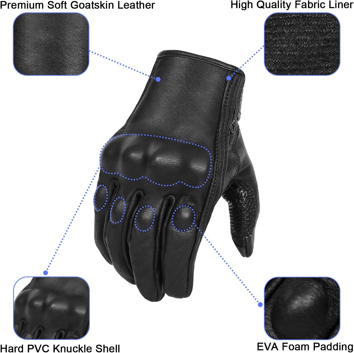 Updated Full Finger Leather Motorcycle Gloves Phone Touch Goat Skin Black Motorbike Riding Gloves (Updated,Non-Perforated, L)