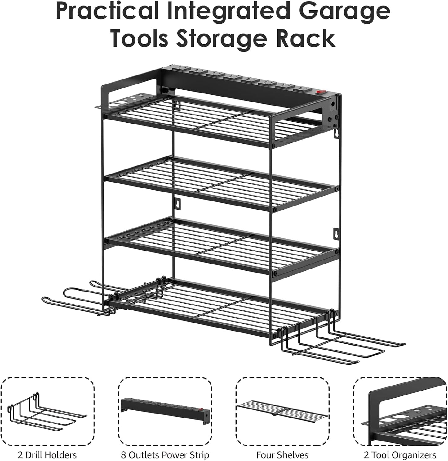CCCEI Garage Tools Storage with Charging Station. Power Tool Battery Organizer Utility Shelf with Power Strip. 4 Drills Holder Wall Mount Rack, Black 4 Layer.
