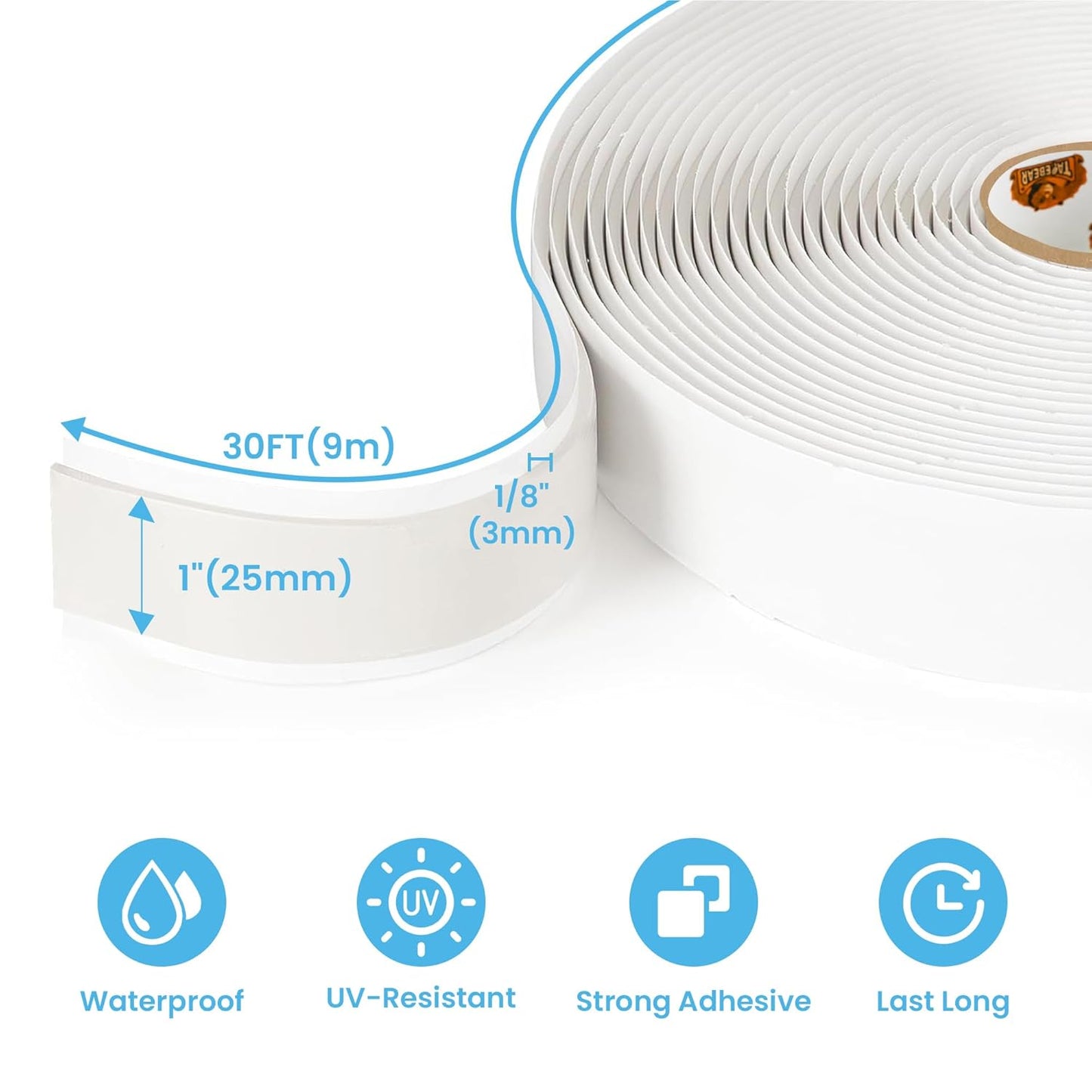 Butyl Tape 1 Inch x 30 Ft White, 1/8 in Thick Plumbers Putty Tape RV Sealant Tape Window Sealing Tape Leak Proof Double Sided Butyl Caulking Tape for Boat Sealing, EDPM, Automotive, 3Rolls