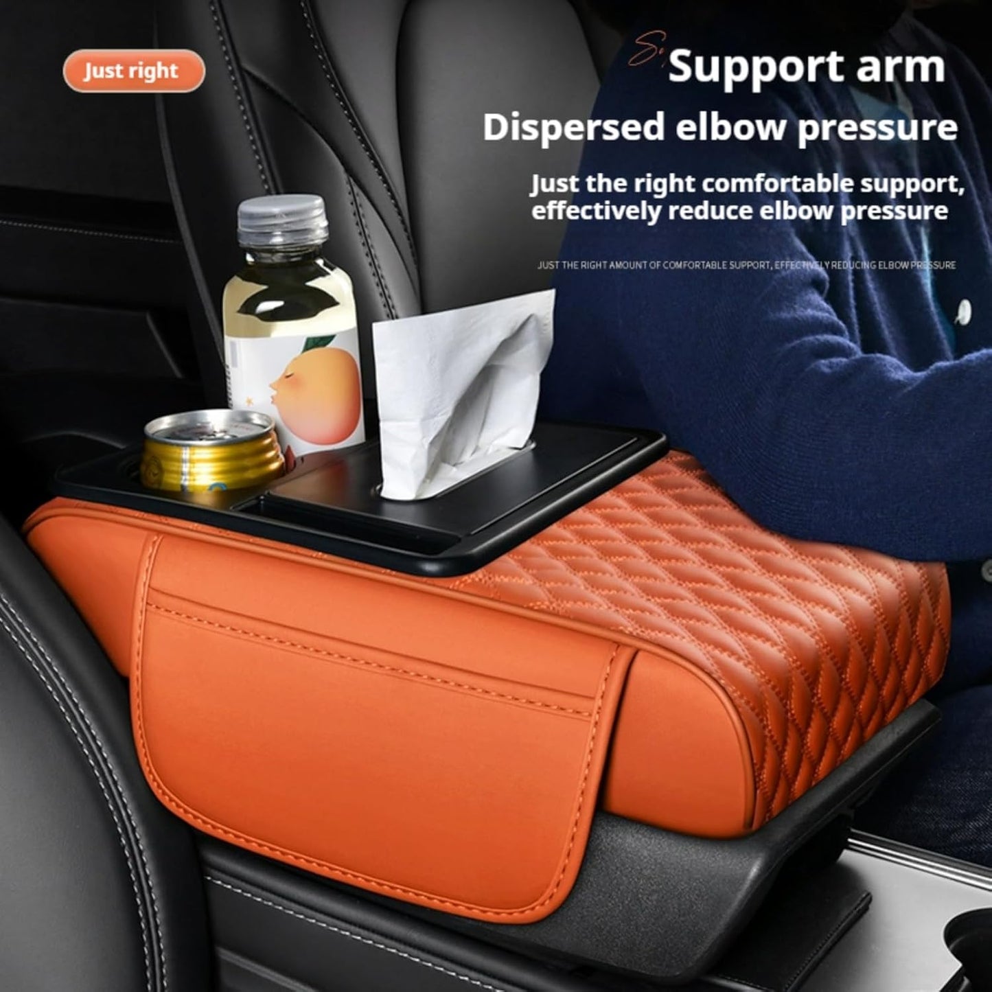 Center Console Cover Organizer, 5-In-1 Arm Rest Cover for Car with Cup Holder & Storage Pocket & Tissue Holder, Armrest Cover Cushion Pad, Water Ripples, Orange