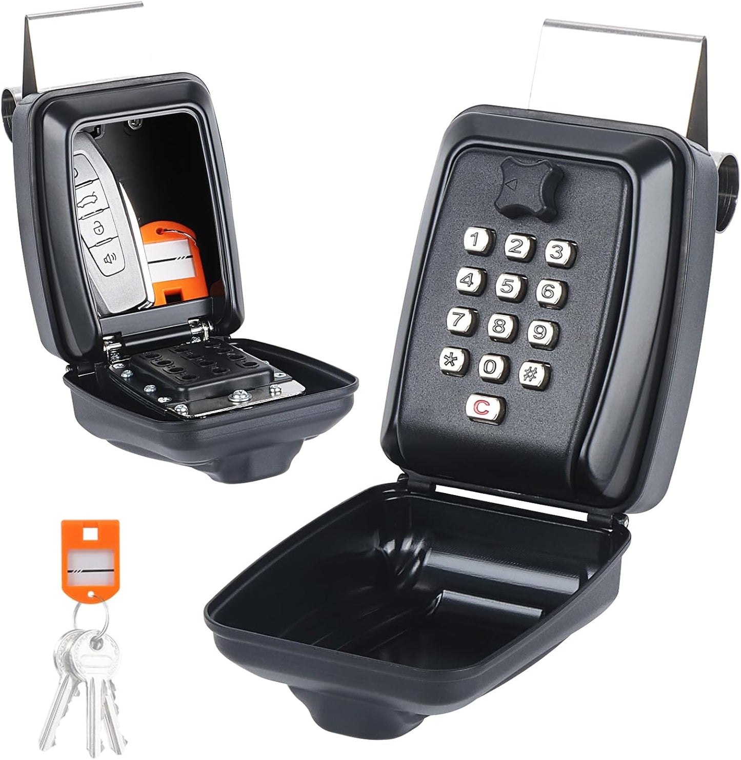 Car Window Punch Button Lock Box, Black Portable Car Key Lock Box with Key Labeling Tag, Sturdy Waterproof Large Capacity Lock Box for Turo, Ride Share, GetAround