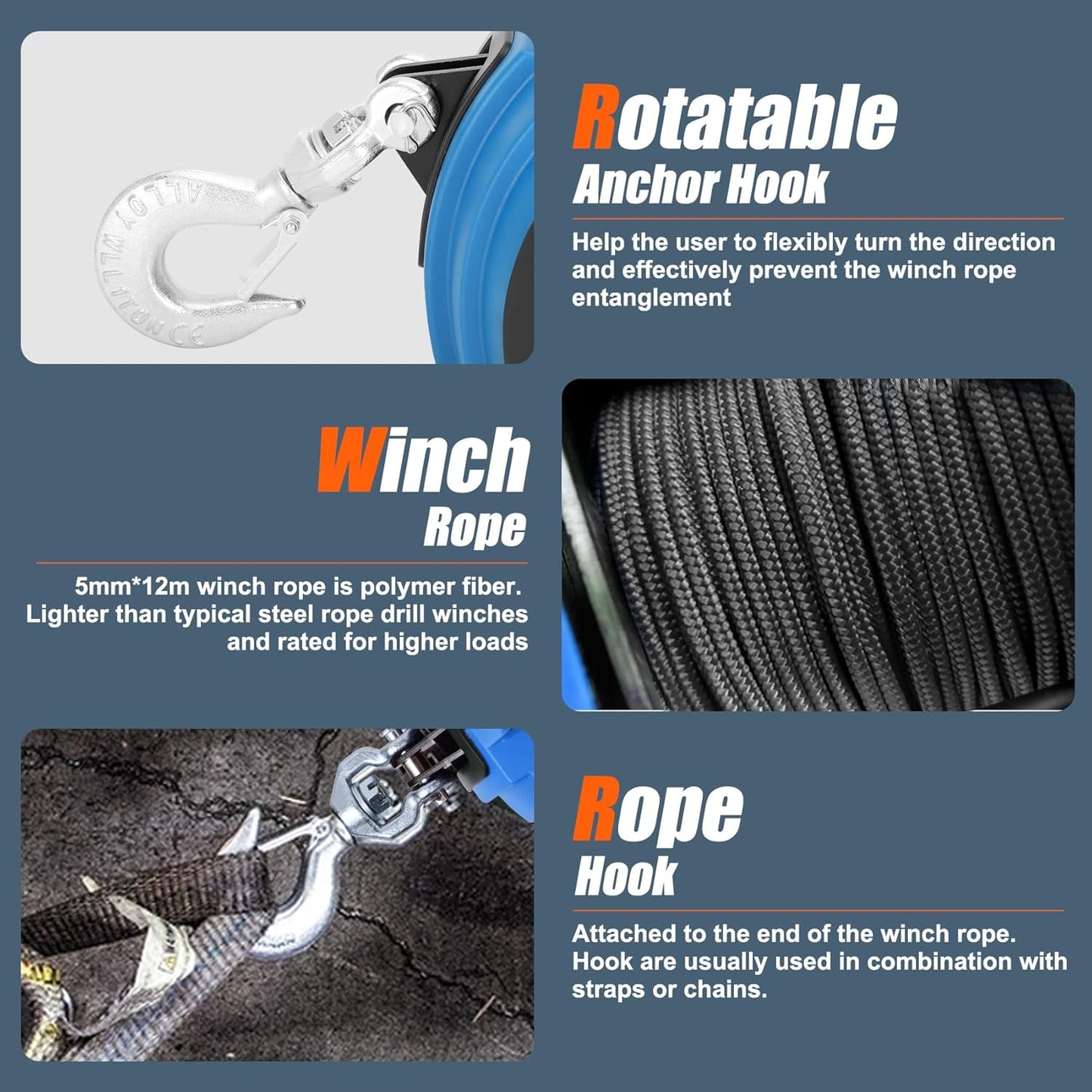 Portable Drill Winch of 1000 LB, Red Handheld Drill Winch with 40 Foot Synthetic Rope, Rotate The Hook 360 Degrees, for Lifting & Dragging (Blue)