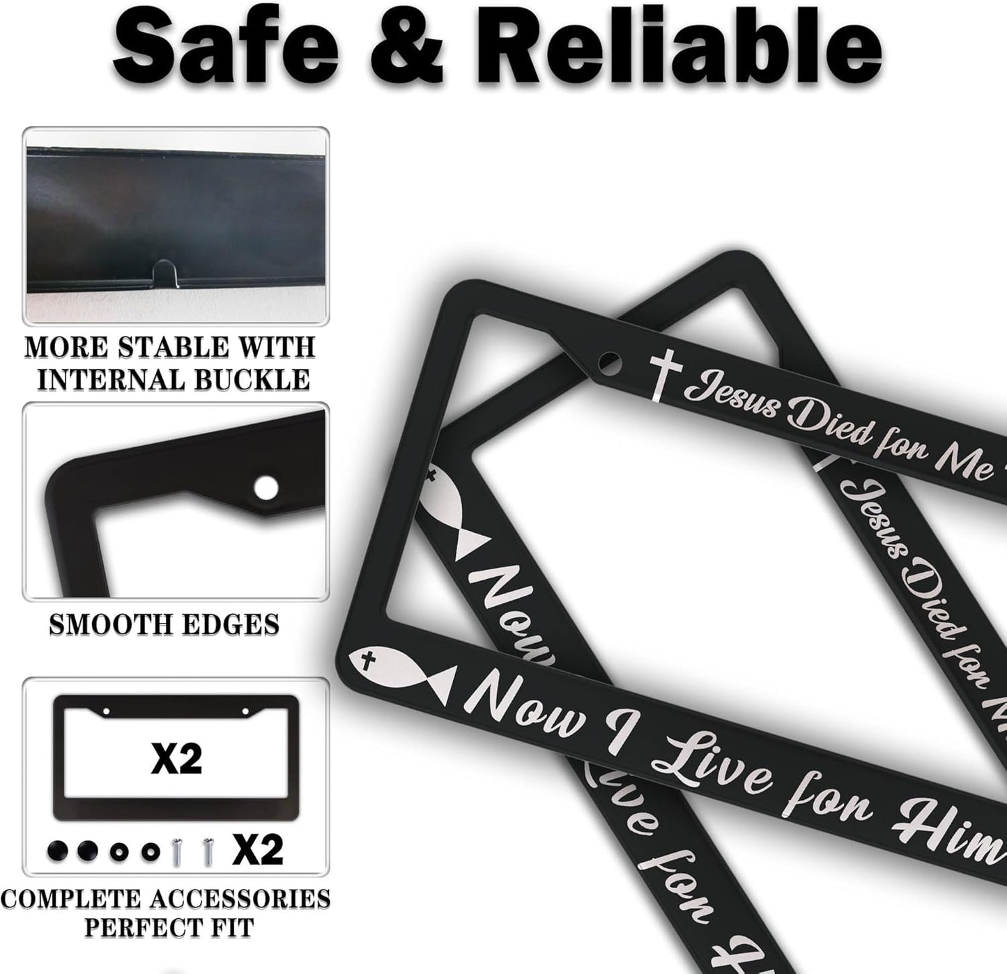 License Plate Cover Black and White License Plate Frames Jesus Died for Me Now I Live for Him Aluminum Metal Car Accessory 2 Pack with Screw Covers Set