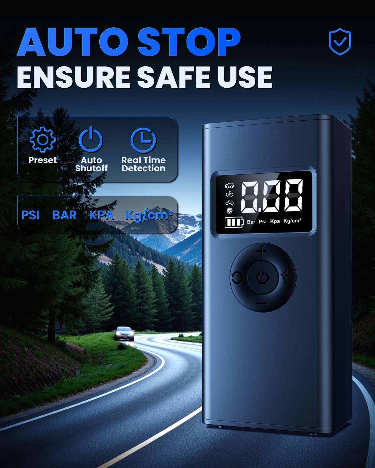 Tire Inflator Portable Air Compressor, 160PSI Air Pump for Car Tires with Digital Pressure Gauge, LED Light and Auto Shut-Off Function, for Car/Motorcycle/Bike/Ball