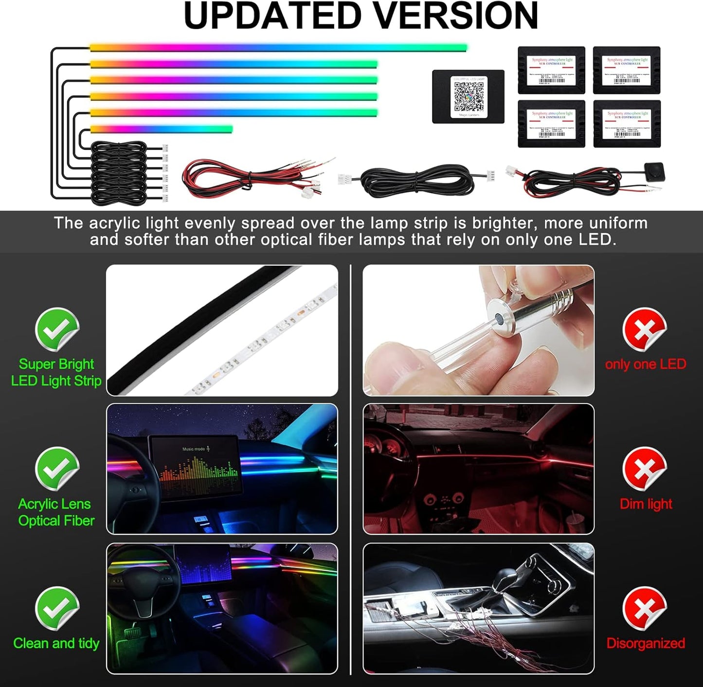 Acrylic Interior Car LED Strip Light with Wireless APP, RGB Dreamcolor 6 in 1 with 175 inches 593 LEDs Fiber Optic Ambient Lighting Kits, 16 Million Colors Sound Active Function Car Neon Lights