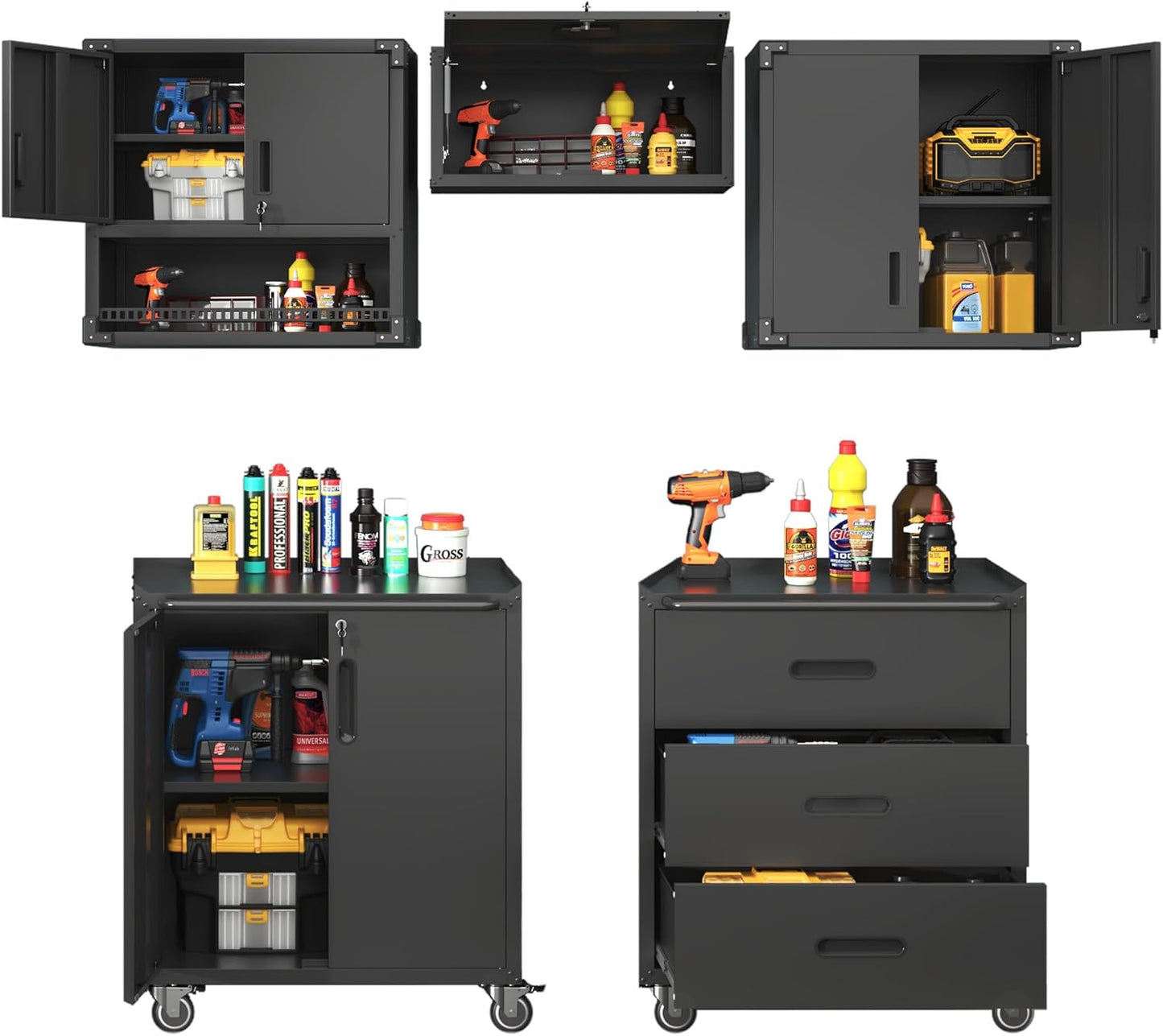 Metal Tool Cabinet,Garage Storage Cabinet System,Wall Cabinet & Locking Rolling Tool Cabinet with Doors and Adjustable Shelves,Steel Tool Cabinets for Home,Office (5 Pcs-StyleB, Black)
