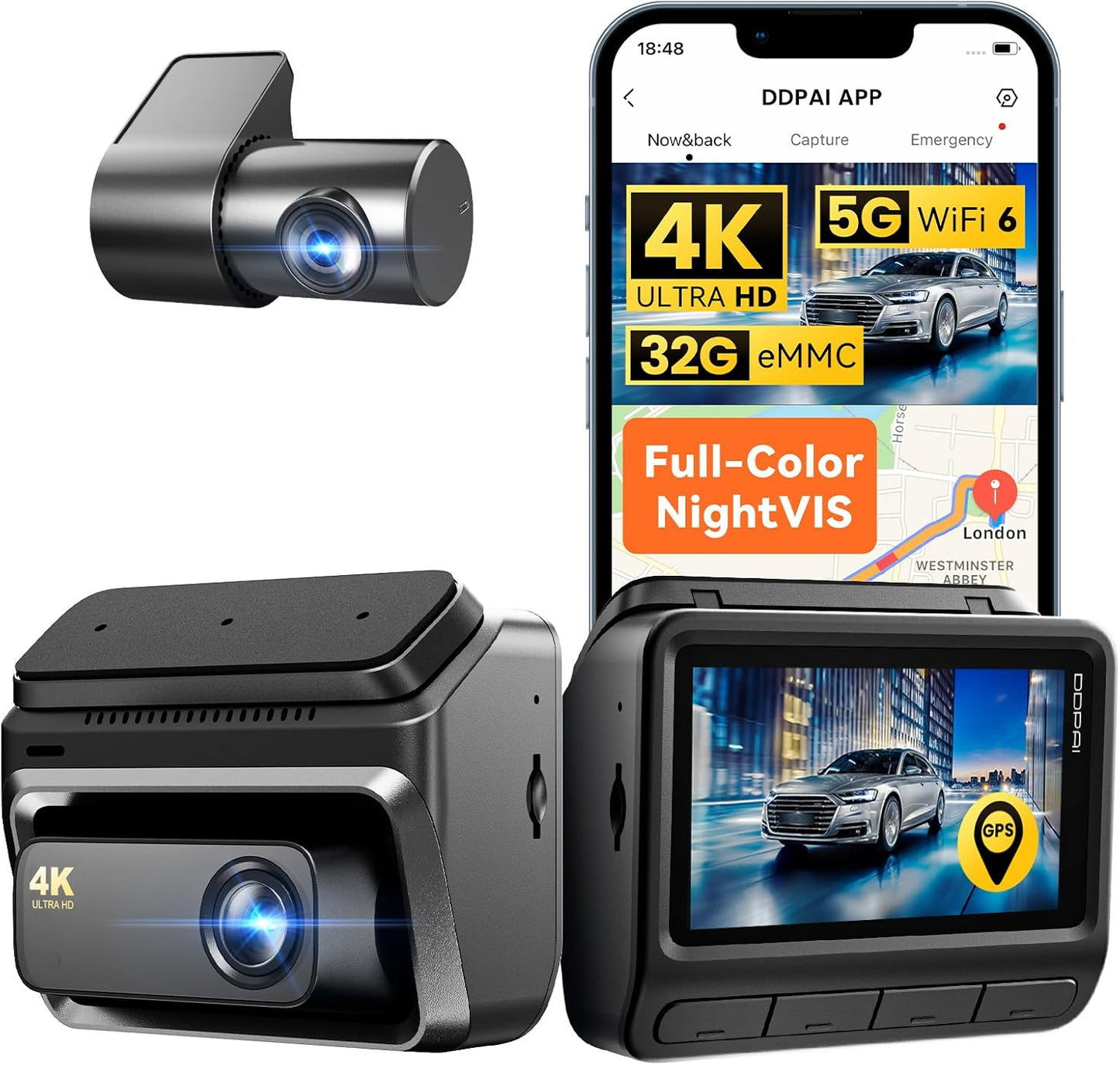 DDPAI Dash Cam Front and Rear, 4K + 1080P Dash Camera for Cars, Real 4K Dashcam with 32G eMMC, Full Color Night Vision, 5GHz WiFi 6, 7 Days Parking Mode, GPS, 3" IPS, ADAS, WDR, Loop Recording, Z60