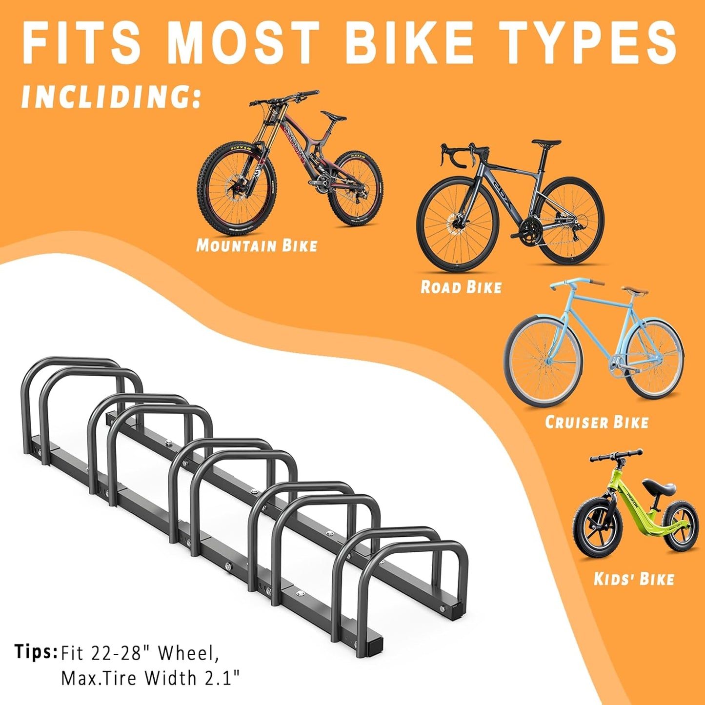 Ultrawall Bike Storage Rack for Garage, 5 Bikes Floor Bike Stand, Bicycle Parking Holder Stand for Indoor/Outdoor, Fit 22-28" Wheel Tire Width 2.1"