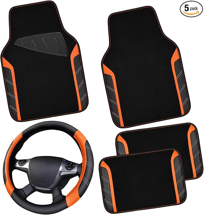 CAR PASS Leather Steering Wheel Cover and Waterproof Car Floor Mats,Microfiber Universal Car Combo Fit for 95% Sedan SUV Van Truck,14.5-15inch Sporty Anti-Slip Safety Comfortable Design, Black＆Orange