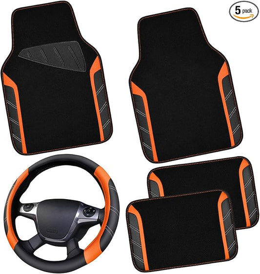 CAR PASS Leather Steering Wheel Cover and Waterproof Car Floor Mats,Microfiber Universal Car Combo Fit for 95% Sedan SUV Van Truck,14.5-15inch Sporty Anti-Slip Safety Comfortable Design, Black＆Orange