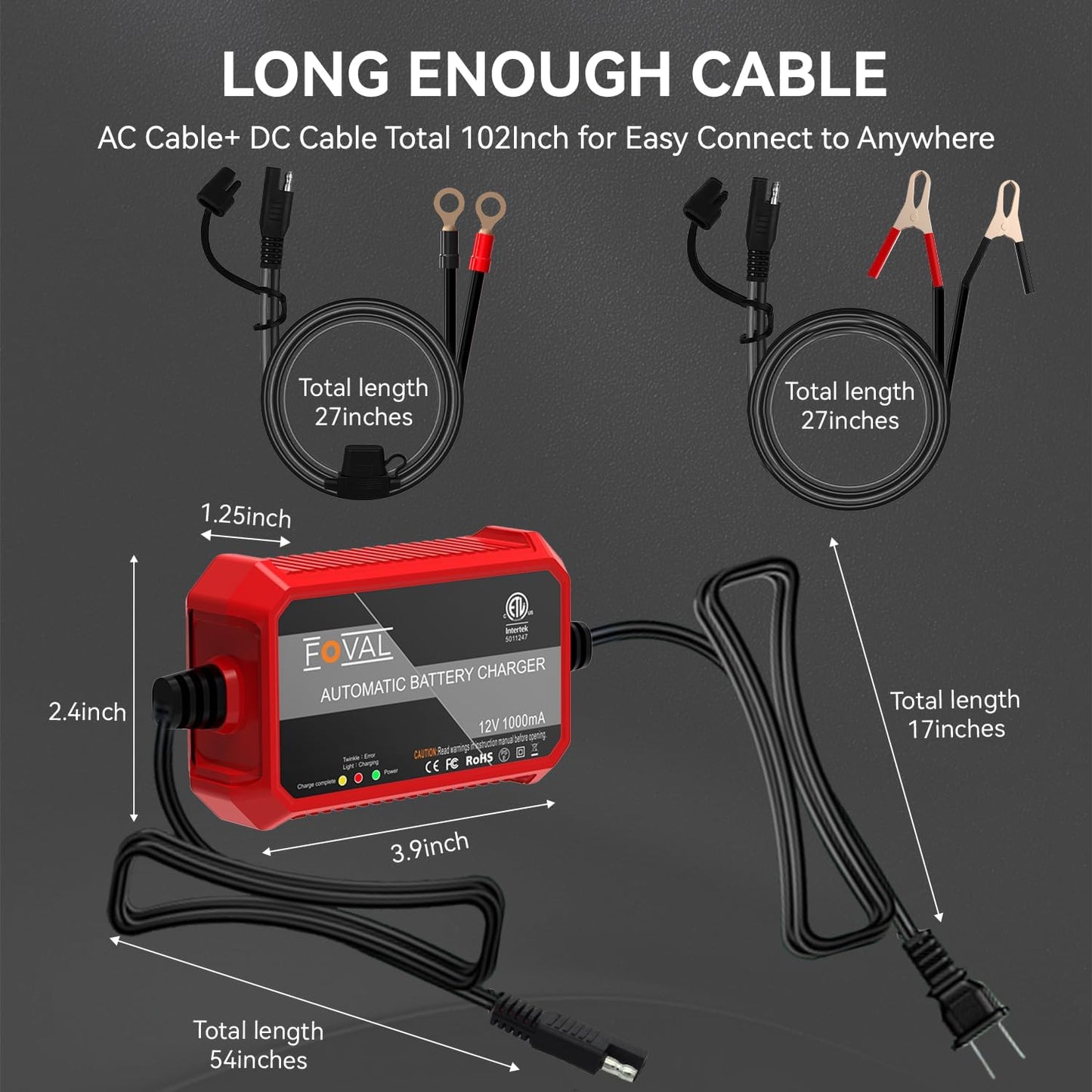 [4-Pack] FOVAL Fully Automatic Trickle Battery Charger, 1000mA 12V Smart Car Battery Charger, Battery Maintainer, Float Charger for Motorcycle Car Lawn Mower Boat ATV Cell Lead Acid Batteries