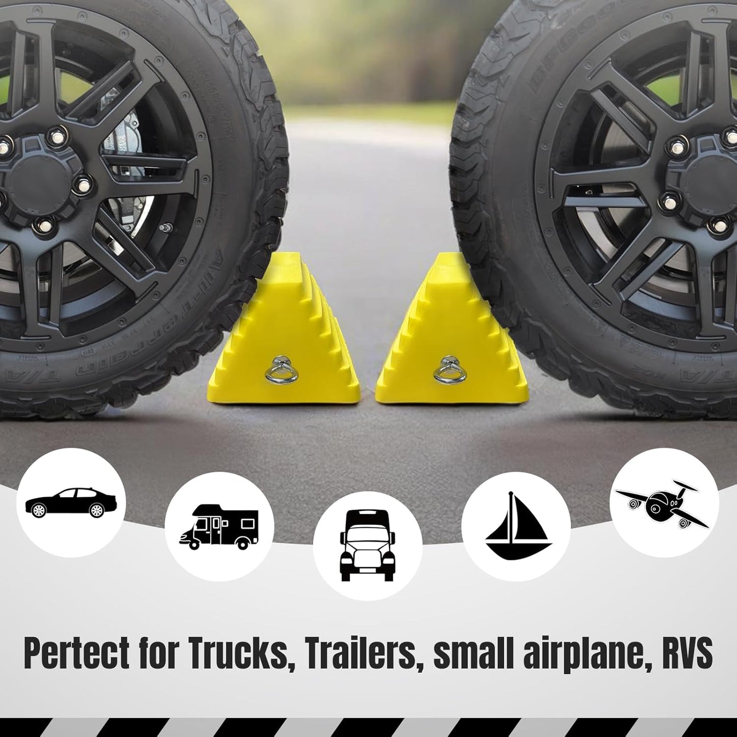 Premium 4 pcs Heavy Duty Wheel Tire Chocks, Vehicle Chocks with Eyebolt for Travel Trailers, Camper, Truck, Car and ATV 4 Pack, Yellow