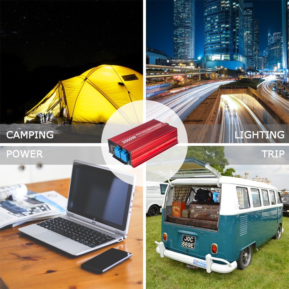 2500W Pure Sine Wave Inverter 12V to 120V AC with 2 AC outlets, DC5V 2 Amp USB Output, LCD Display Wire Remote kit and Heavy Duty Battery Cables.