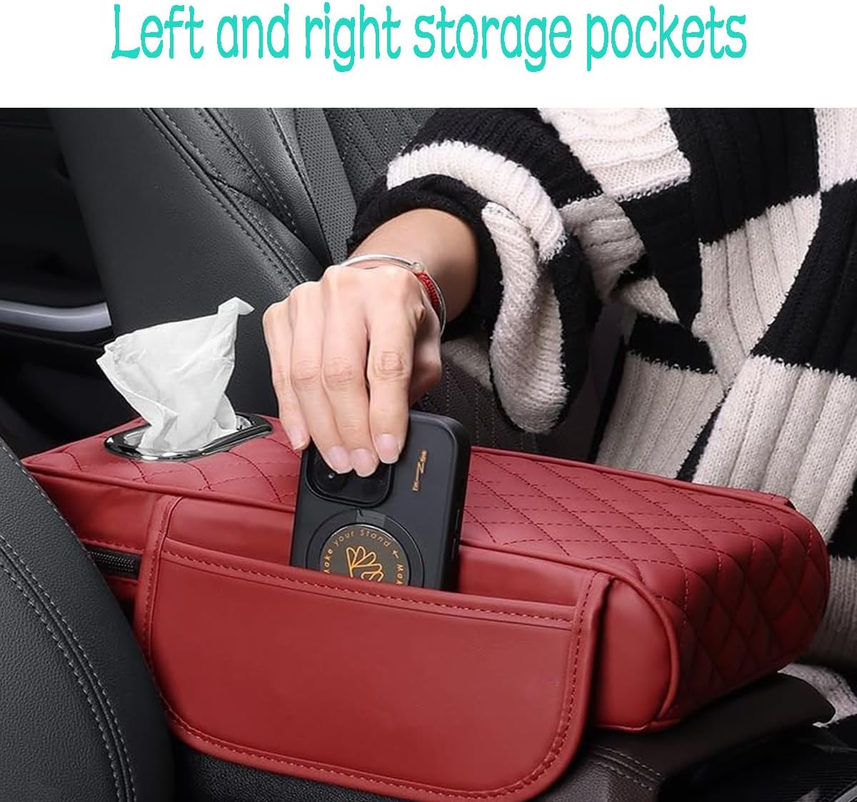 Car Armrest Cover Leather Car Console Covers Box Pad with Pocket and Tissue Box Arm Rest Cover for Car for SUV Truck Sedan Vehicle (Beige)