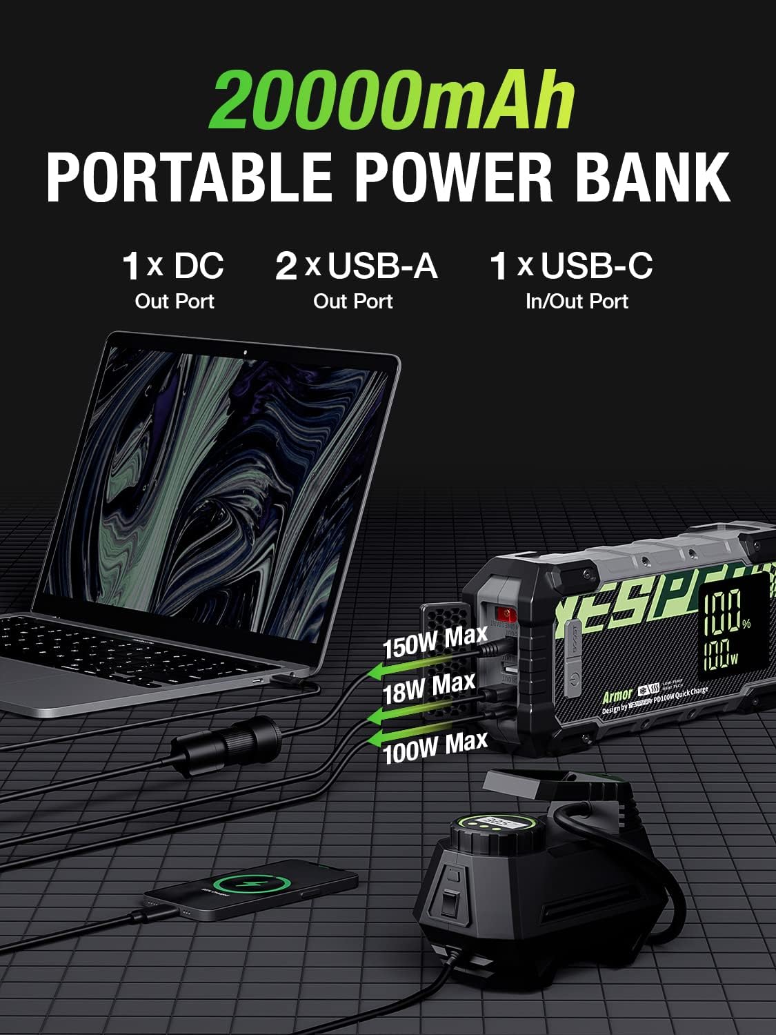 YESPER Car Jump Starter, 3000A Peak Portable Jump Starter with Pre-Heat Tech(-40°F~140°F) 12V Car Charger Jump Starter(10.0L Gas/8.0L Diesel, 60 Times) Jumper Box with PD100W