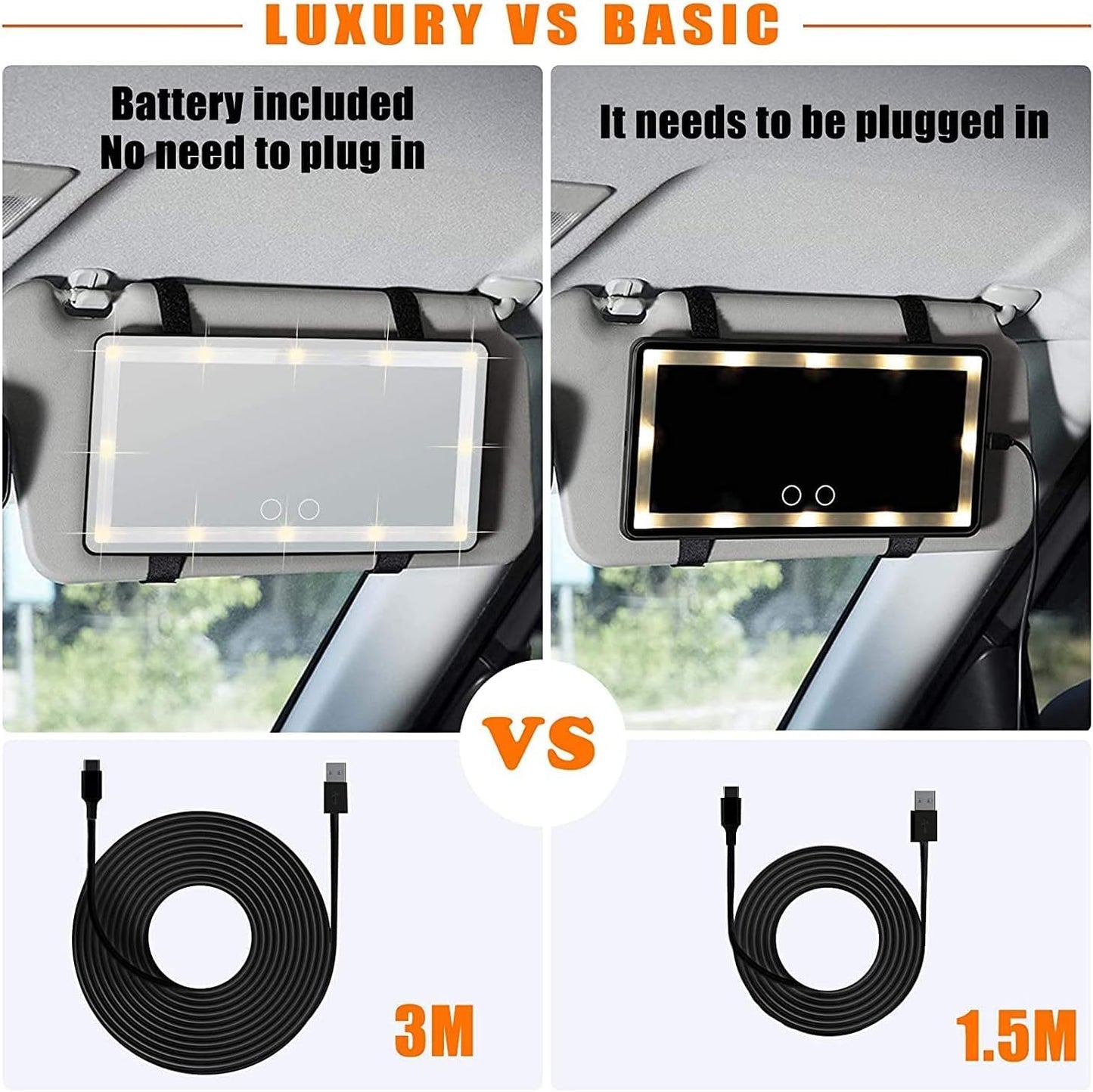 Car Vanity Mirror, with 3 Light Modes & 60 LEDs - Rechargeable Dimmable Clip-on Rear View Sun-Shading Cosmetic Makeup Mirror, Universal for Car SUV (White, 2 Pack)