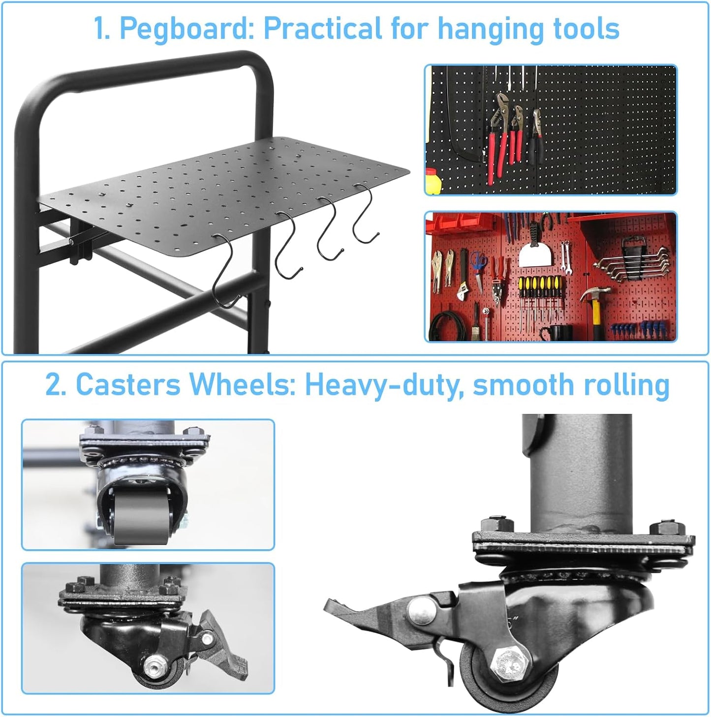 Rolling Tire Rack for Garage, Adjustable Metal Tire Rack with Foldable Heavy-Duty Hole Board, 4 Self-Locking Swivel Casters, 59” Height, 660 Pound Capacity