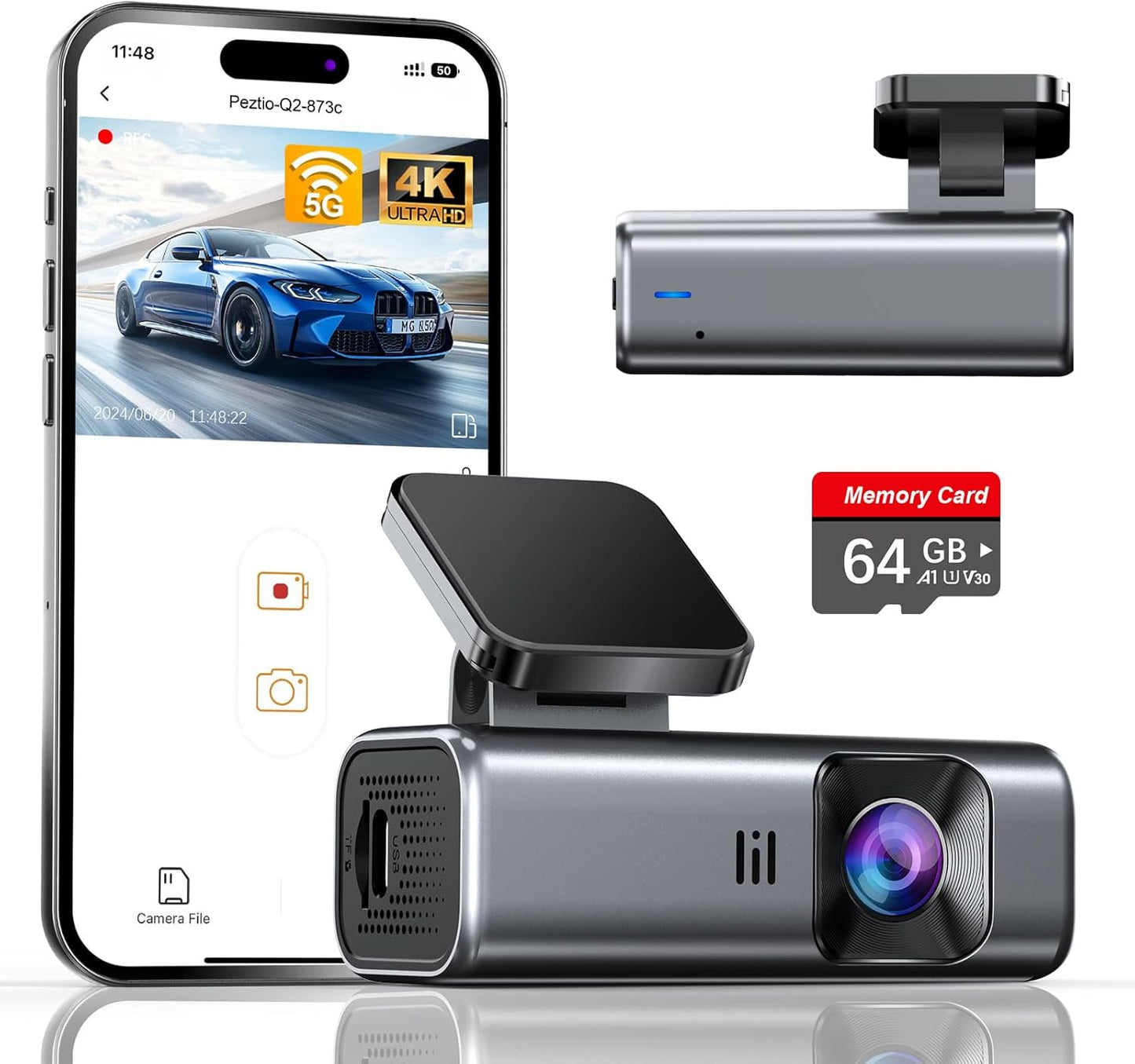 4K Dash Cam Front, Built-in 5G WiFi, 64GB Card Included, Dash Camera for Cars, Mini Dashcam with Super Night Vision, Loop Recording, G-Sensor, 24 Hours Parking Monitor, Support 256GB Max