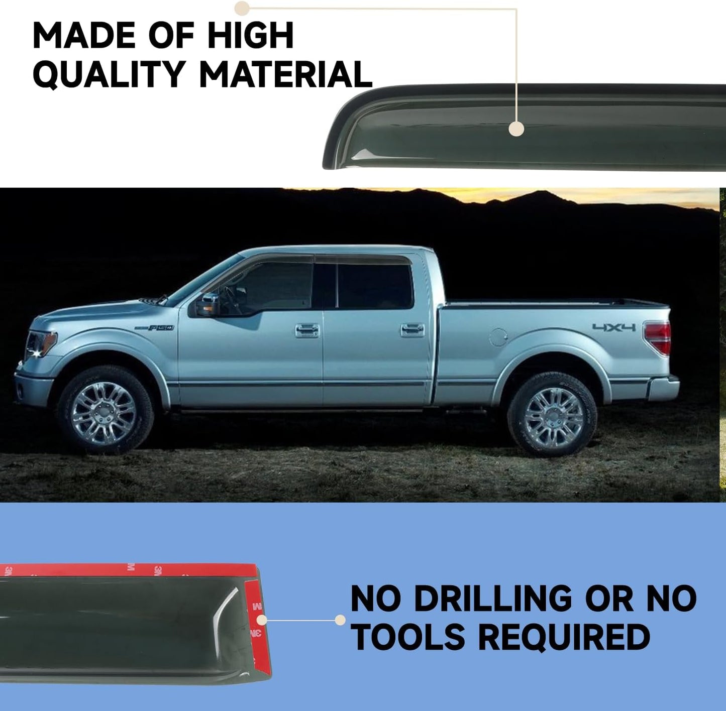 Rain Guards Window Visors Fit for 2009-2014 Ford F150 SuperCrew Cab Truck, Outside Mount Sun Shade Window Vent Deflectors,Smoke Tinted Side Window Vent Visors 2010 2011 2012 2013