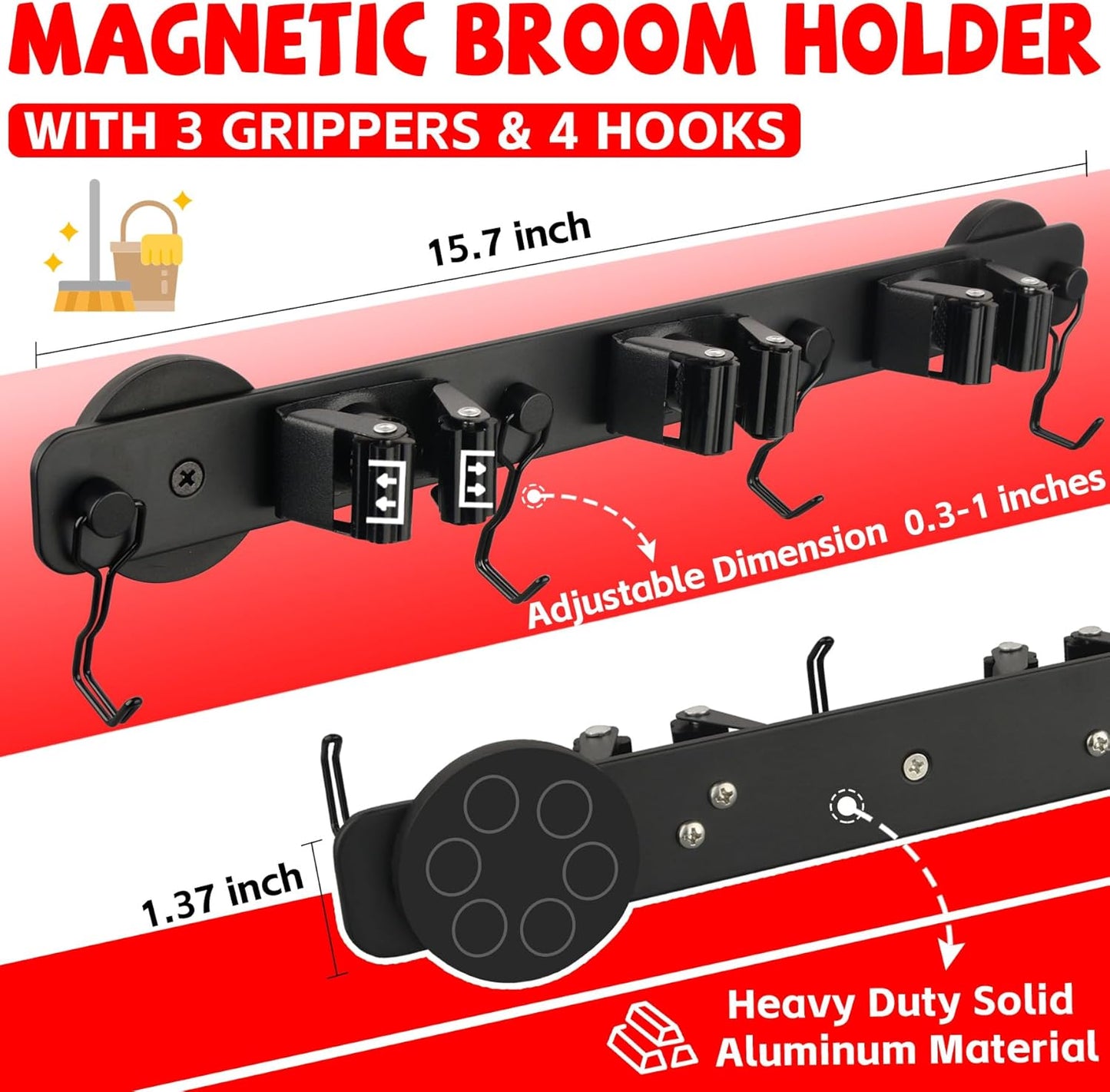 Magnetic Mop Broom Holder,Heavy Duty Movable Magnetic Wall Mount Tool Racks,No Drilling Utility Storage Shovel Hanger for Garage,Closet,Garden,Kitchen,Laundry (4 Hooks 3 Grippers,Black)