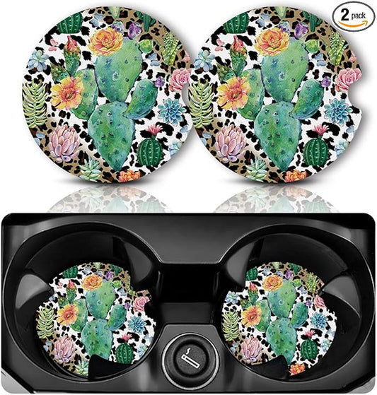 Car Coasters for Cup Holders，2.75" Anti Slip Rubber Mat with A Finger Notch, 2 Pack Car Cup Holder Coasters for Car Interior Accessories for Women Men Cactus