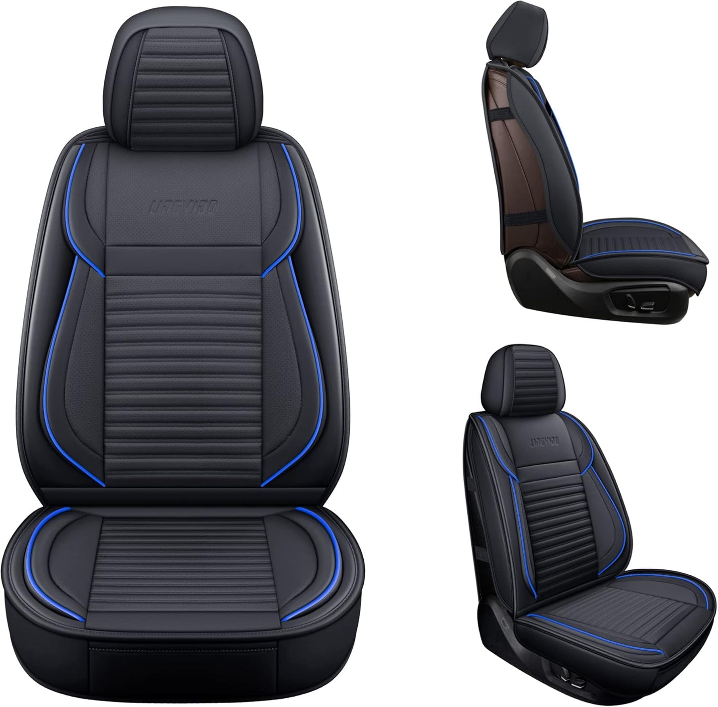 LINGVIDO Car Seat Covers, Breathable and Waterproof Faux Leather Automotive Seat Covers for Cars SUV Truck Sedan,Universal Anti-Slip Seat Cover with Backrest (Front Seat, Black-Blueline)