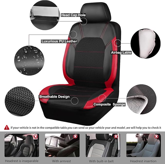 CAR PASS Air Mesh Leather Car Seat Covers for Front Seats, Waterproof Car Floor Mats, Sporty Steering Wheel Cover, Universal Fit for 95% Cars Truck SUV (Black and Red)