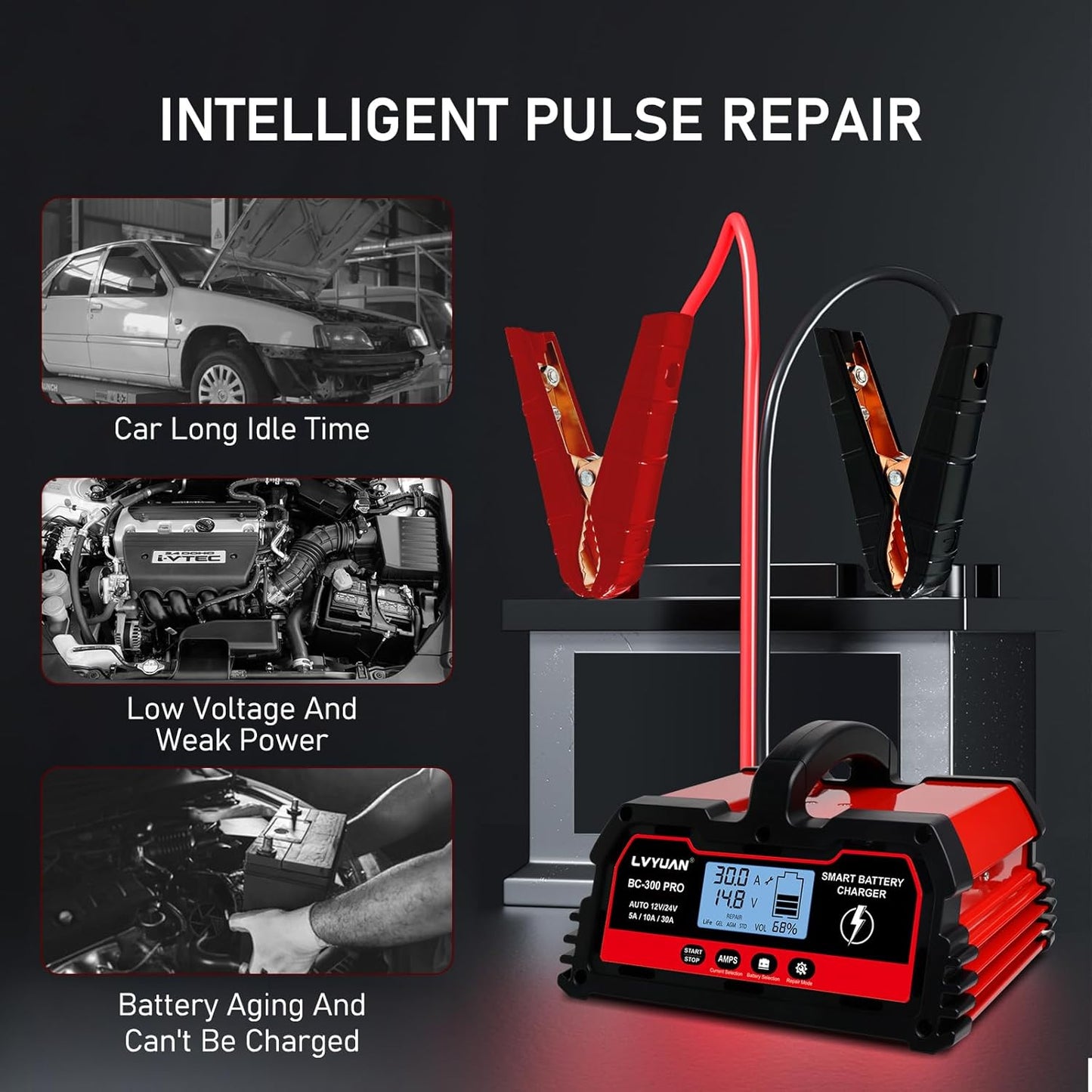LVYUAN 30Amp Smart Car Battery Charger, 12V/24V Automotive Charger, Lead-Acid Battery, LiFePO4 Battery Maintainer with LCD Display, Trickle Charger, for Lawn Mower, Motorcycle, AGM, STD, Gel, EFB,etc