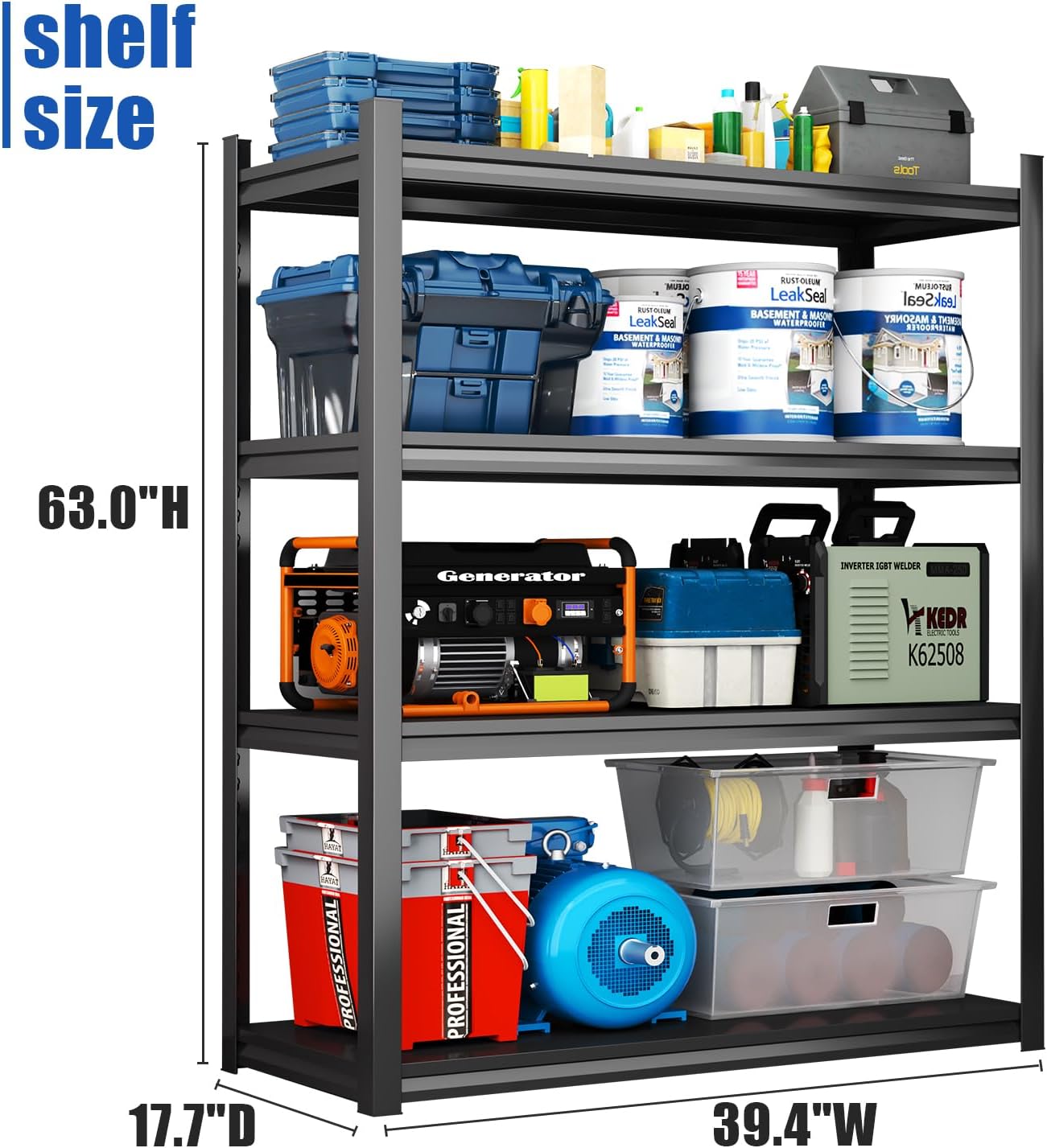 Metal Garage Shelving Unit 2500LBS Heavy Duty Storage Shelves 4 Tier Adjustable Shelving Unit Metal Shelving for Kitchen Warehouse Pantry Basement, 63" H x 39.4" W x 17.7" D, Black