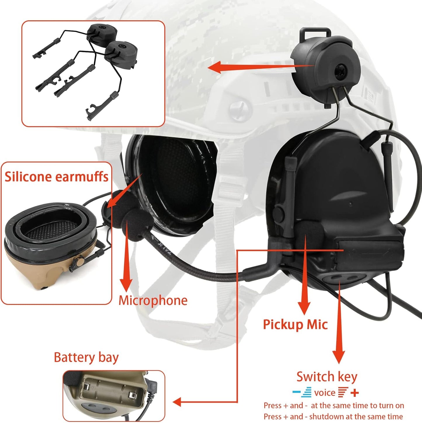 COMTA 2 Helmet-Type Tactical Headset with U94 PTT 2pin，Noise Canceling Headphones，for Airsoft Hunting Shooting