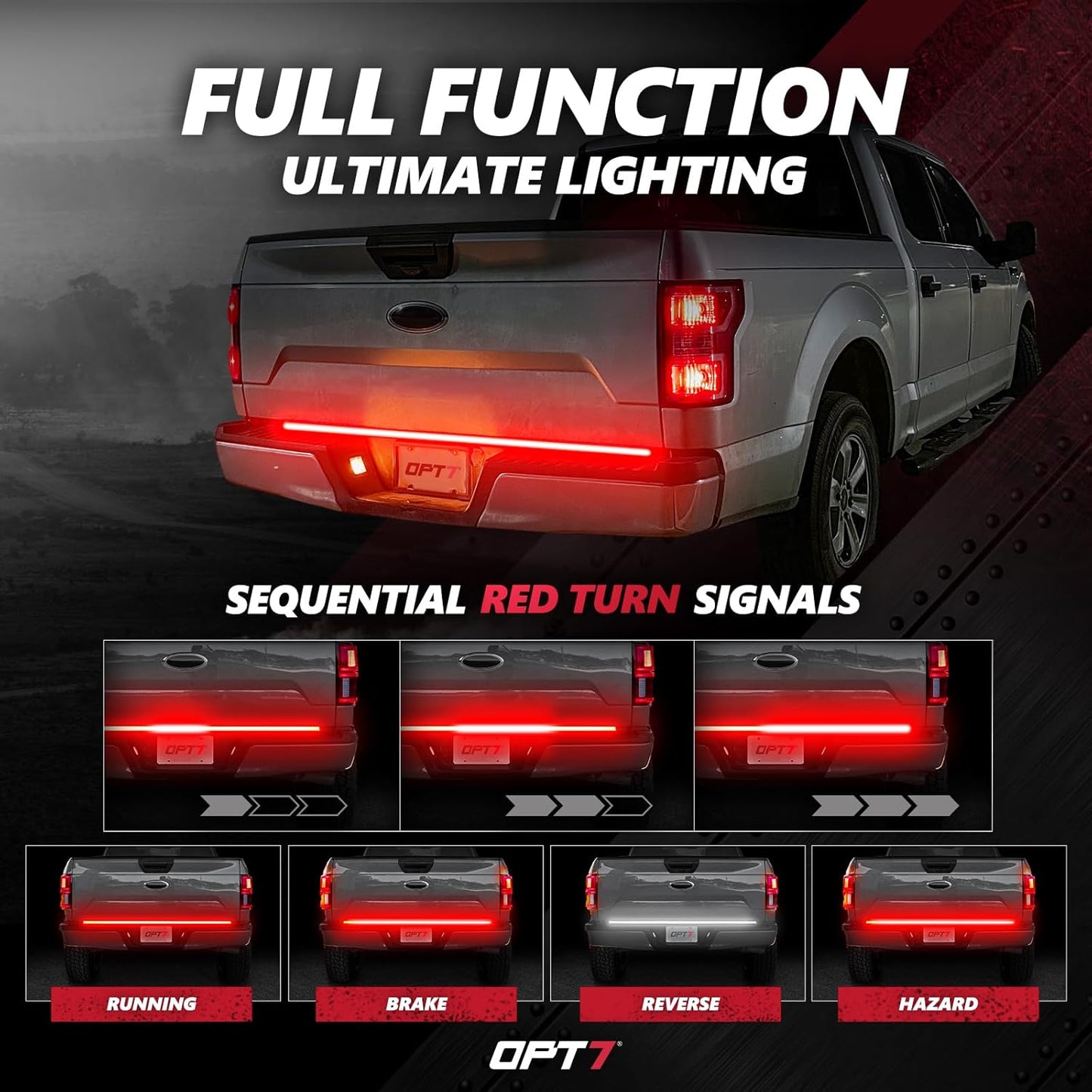 OPT7 60" Redline Triple Row LED Tailgate Light Bar w/Sequential RED Turn Signal - Weatherproof Rigid Aluminum Frame Light Strip for F150 RAM Silverado Sierra - Full Functions Reverse Brake Running