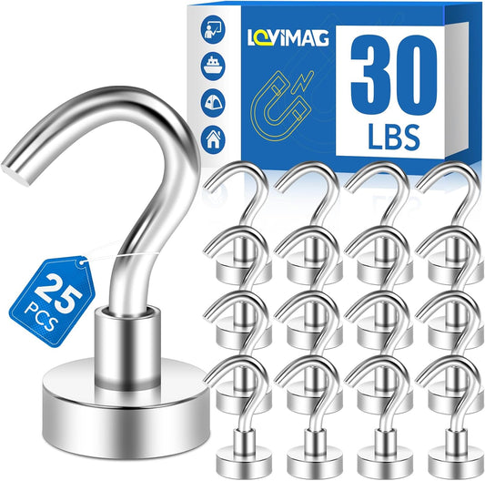 LOVIMAG Strong Magnetic Hooks, 30lbs Magnetic Hooks for Cruise Cabins, Magnet Hooks for Cruise Ship Essentials, Rare Earth Magnets with Hooks for Refrigerator,Hanging,Classroom,Kitchen,Ceiling-25 Pack
