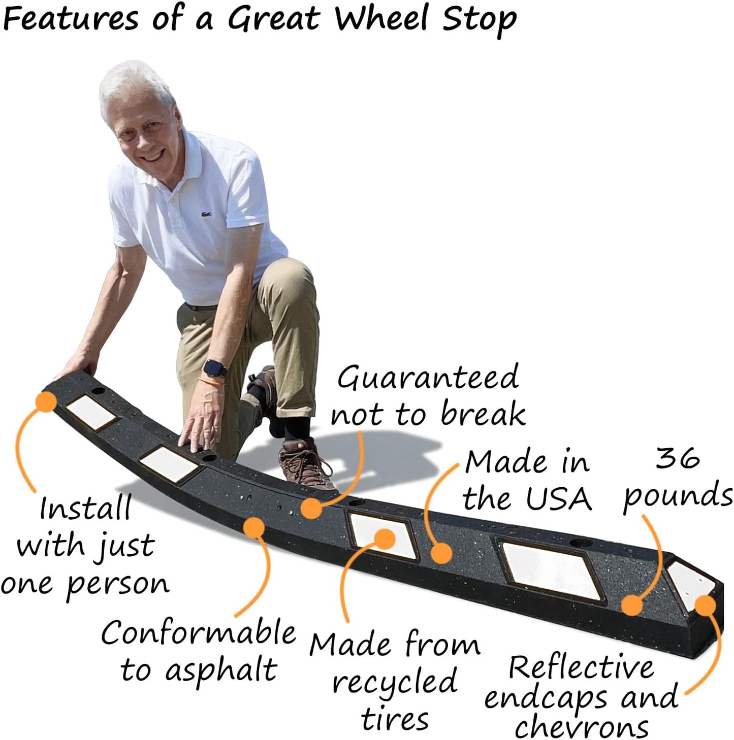 SmartSign Rubber Parking Curb, (Pack of 10) Heavy Duty Parking Stops with White Reflective Stripe Chevrons, 72" Long (6ft), Wheel Stops for Parking Lots/Garage/Cars/Trucks, Pre-Drilled Holes