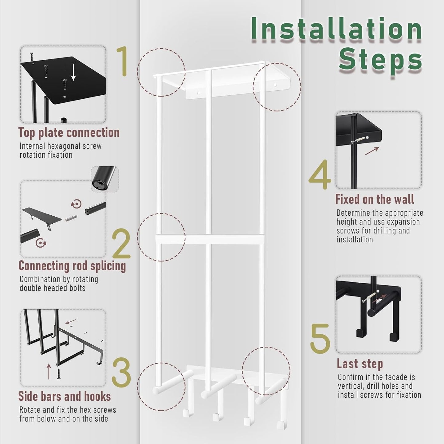 Camping Chair Wall Storage for Garage - Metal Beach Lawn Chair Rack, Garage Storage and Organization Shelves, Wall Mounted Umbrella Storage Rack Holder with Floating Shelf and 4 Hooks White